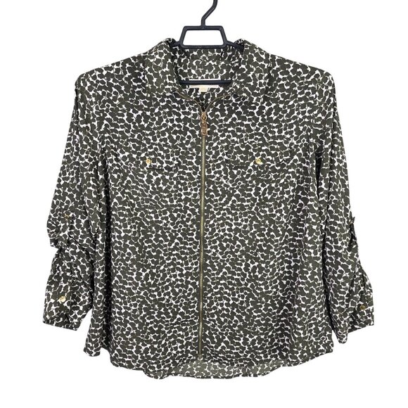 Womens Michael Kors Green & White Blouse Full Zip Polyester Button Up Size 2X - Picture 1 of 9